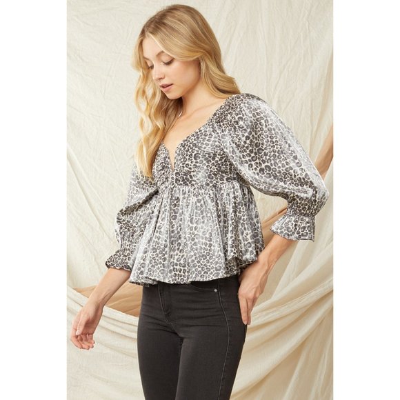 Entro Leopard Iridescent Babydoll Top, Sand - Picture 2 of 6